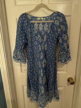 Bohemian Blue Floral Peasant Dress Tunic with Tassel Tie